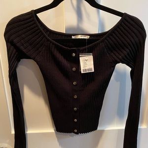 UO Button Ribbed Tight Long Sleeve Top